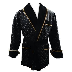 Silk martini jacket with gold rope trim .